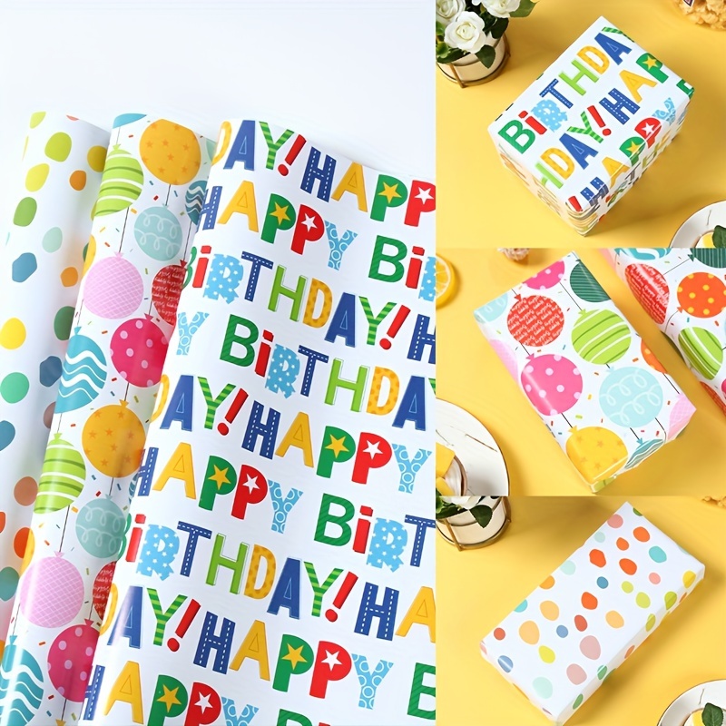 

Birthday Gift Wrapping - 3 Pack Mixed Designs With Colorful Letters And For Party Celebration, 70cm X 50cm, Craft Paper Sheets, Decoration And Diy Supplies