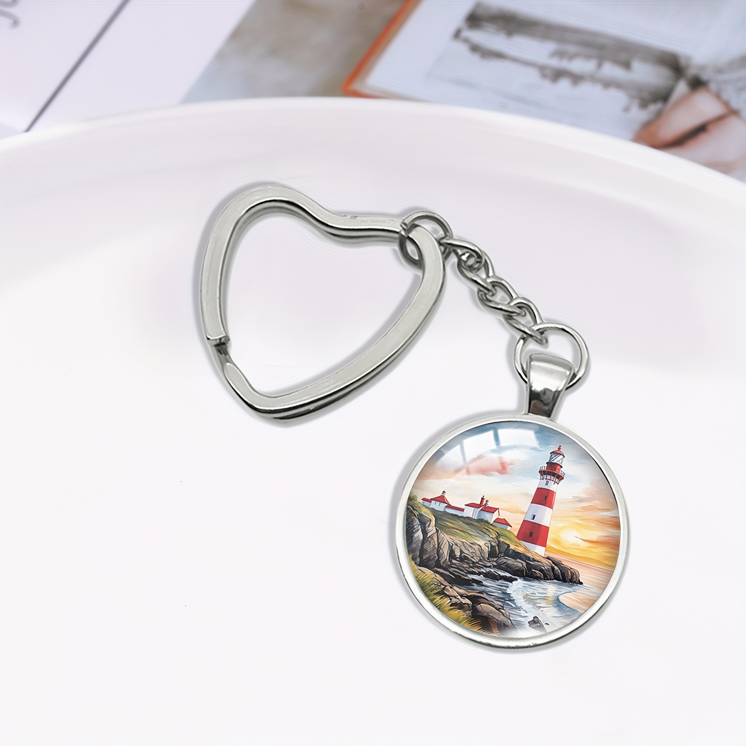 E-shop Modischer , Urlaubslandschaft, Glas-Cabochon, Legierung, Anhänger, Herz, Schlüsselanhänger, Schlüsselkette für Männer und Frauen, Geburtstag,