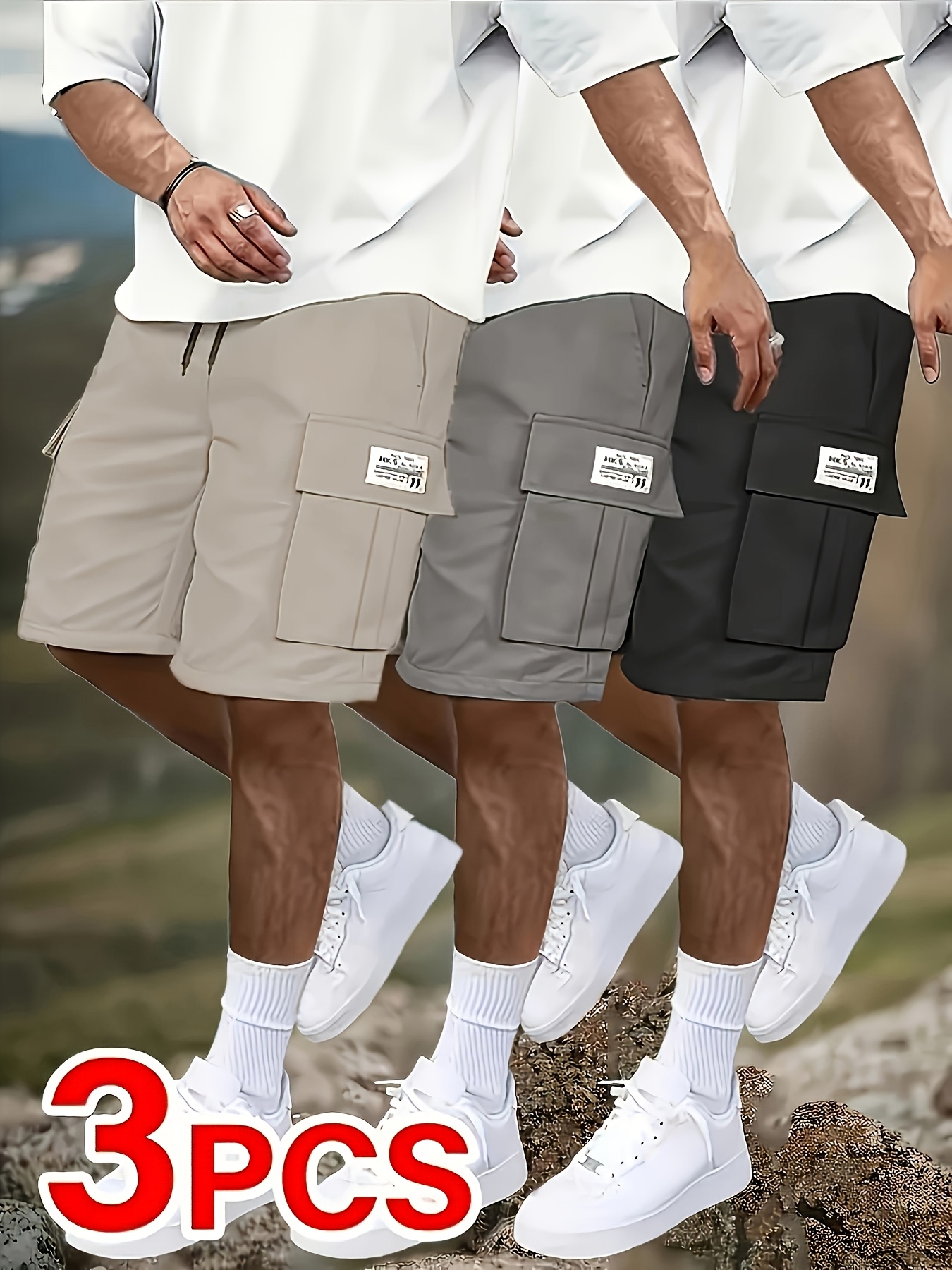 3pcs mens casual cargo shorts     elastic waist multiple utility pockets loose fit durable fabric for golf outdoor activities black beige light   gray active clothing relaxed style flexible  