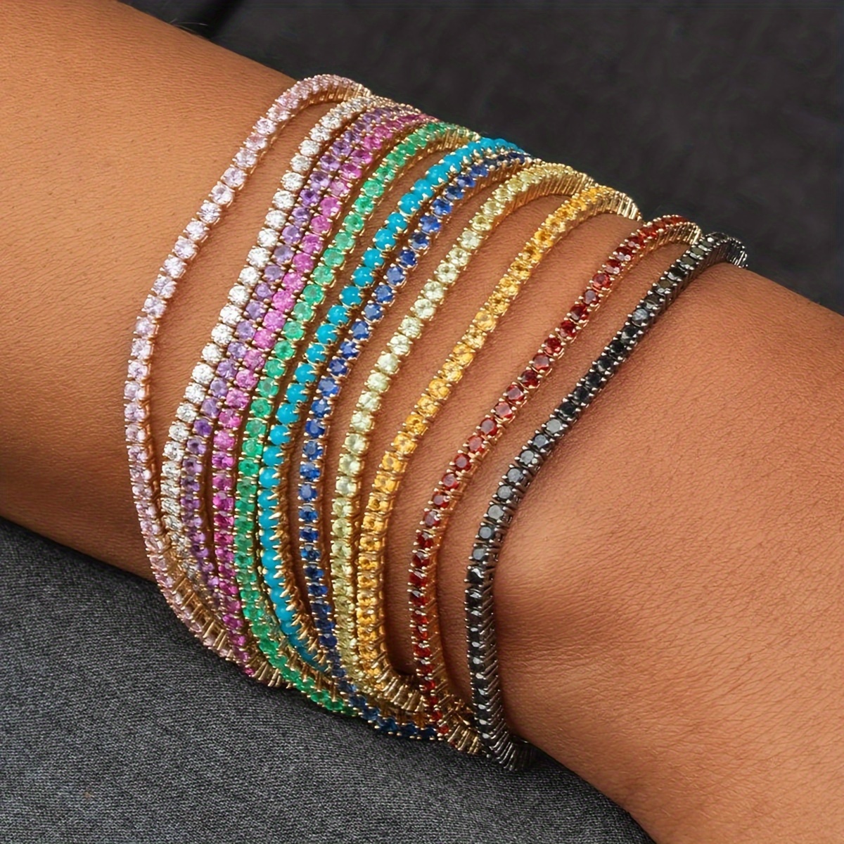 

11-piece Fashion Sparkling Rhinestone Bracelet Set - Elastic Bangle Stack With Multicolored Gemstones, Zinc Alloy Material