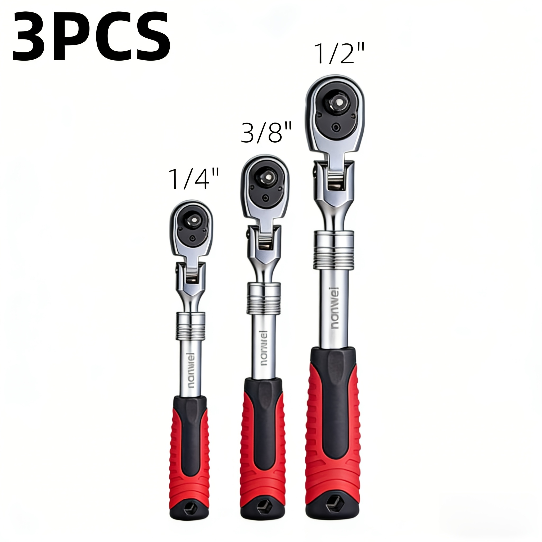 TEMU 3 Sets Of Extendable Swivel Socket Wrench Kits, Complete With A Storage Box, Featuring 1/4", 3/8", And 1/2" Drives, 72 Teeth, 180° Swivel , And