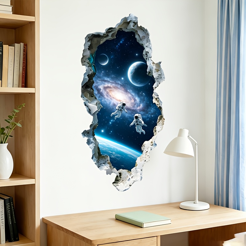 TEMU Space Astronaut Door Sticker, Cracked Wood Wall Effect With Swirl Planets & Cosmonauts, Waterproof Removable Decal For Door & Home Wall