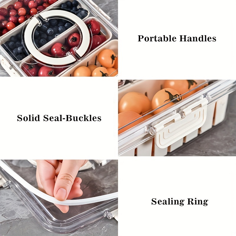 1pc stackable plastic divided veggie tray with lid handle 4 compartment serving platter portable charcuterie container for fruits vegetables salad travel friendly snack storage box details 2