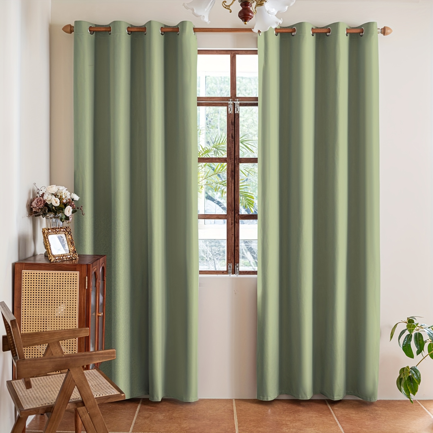 TEMU 2pcs, Green, Punch-, Thermal Insulation, Protection, 100% Blackout Sunshade Curtains, Darkening Indoor Space, Lined Lining, Lightweight, Modern