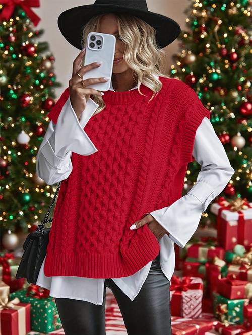 solid cable vest casual sleeveless round neck split hem top womens fall clothing womens summer elegant casual womens wear