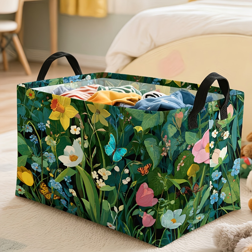 TEMU 1pc Garden Flowers & Butterflies Print Storage Basket, Durable Canvas Organizer With Multiple Specifications , Versatile Storage Bin For Closet,