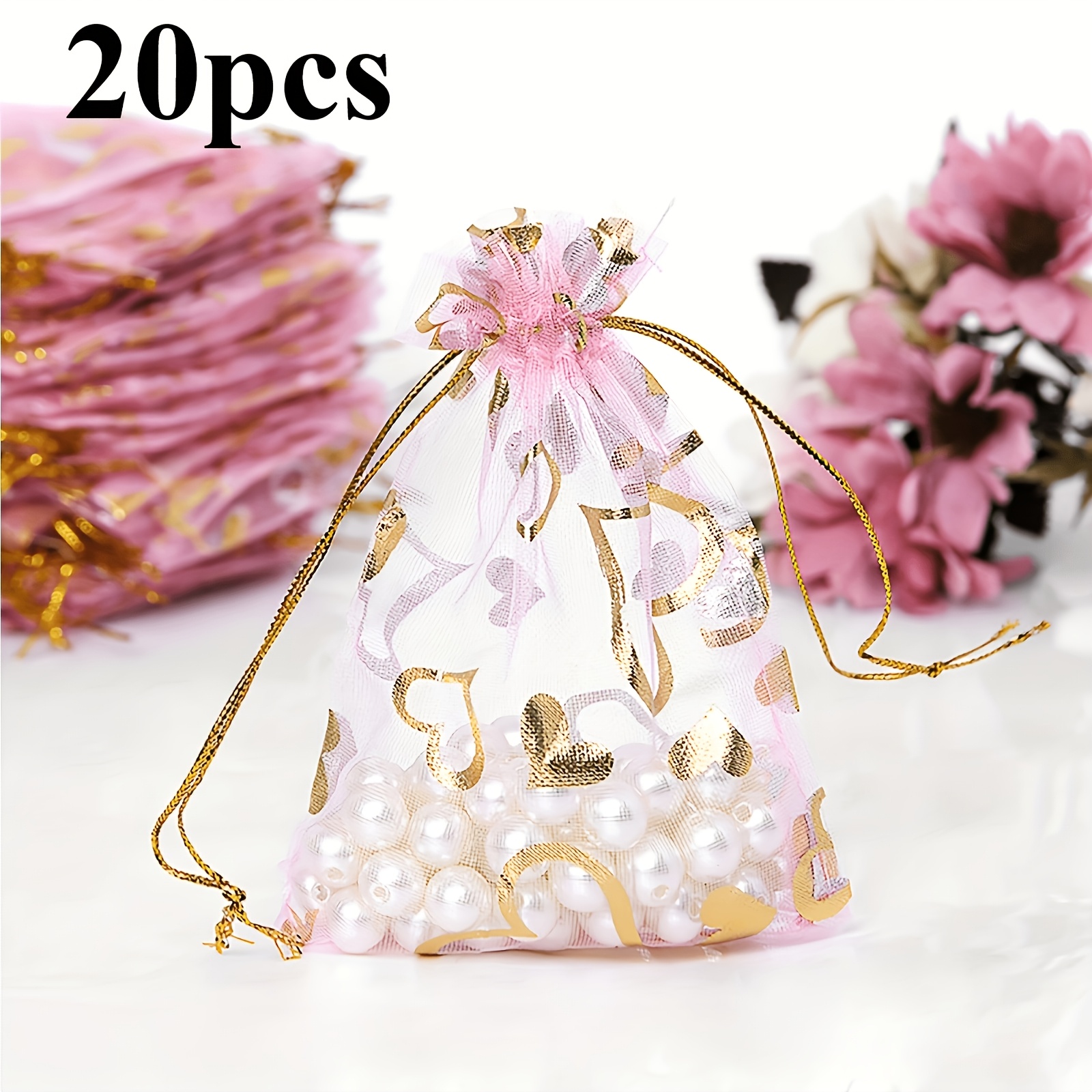 TEMU Cadeau pour elle/lui 20pcs Sacs à cordon à gradient avec imprimé cœur rose - Polyester durable, avec accents de paillettes dorées, sacs cadeaux