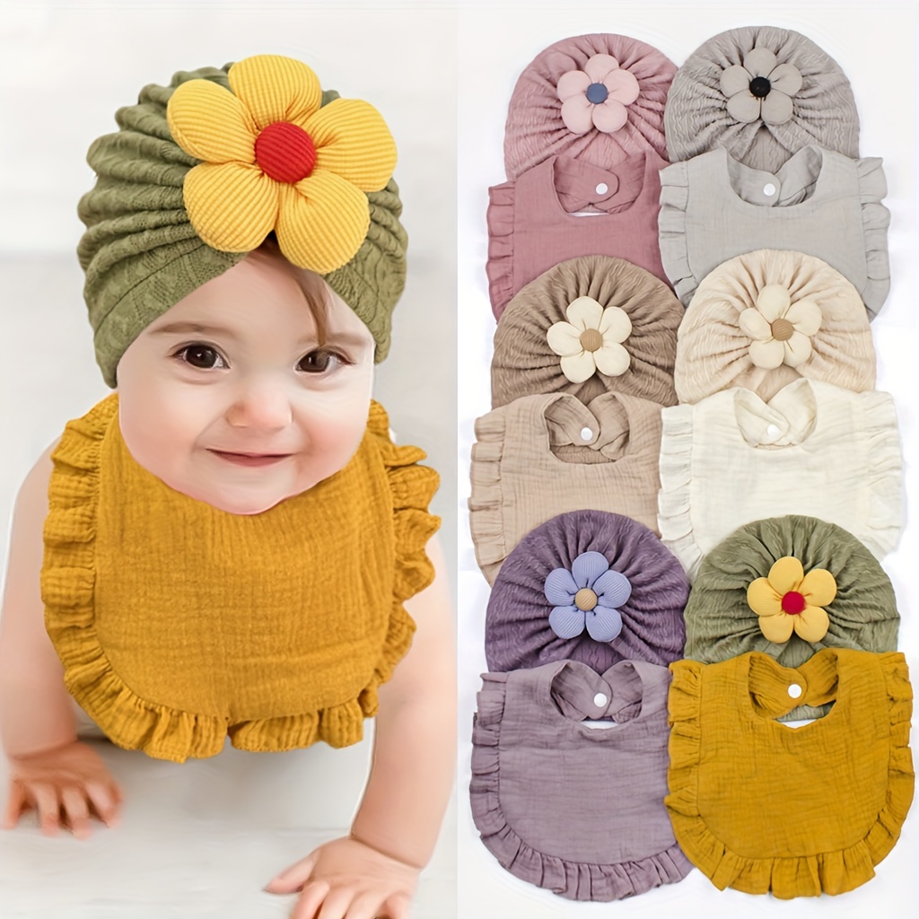 

2pcs Baby Floral Hat And Bib Set, Soft Ruffled Cotton Baby Bib And Flower Accent Baby Cap, Nursery Decoration, Infant Accessories, Newborn Gift Set