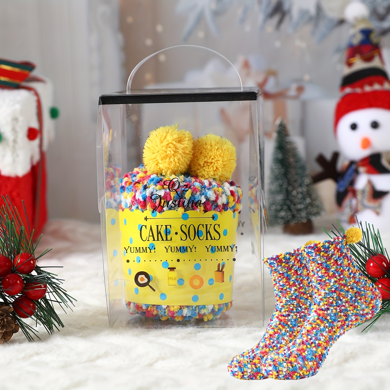 TEMU 1 Pair Of Mid-calf Unisex Novelty Socks, Featuring A Fun And Colorful Birthday Cake Gift . Christmas-themed Coral Thermal Socks, Comfortable And