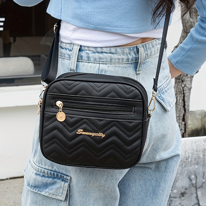 

Women's Fashion Crossbody Bag With Double Zipper, Casual Quilted Wave Embroidery, Solid Color Camera Bag