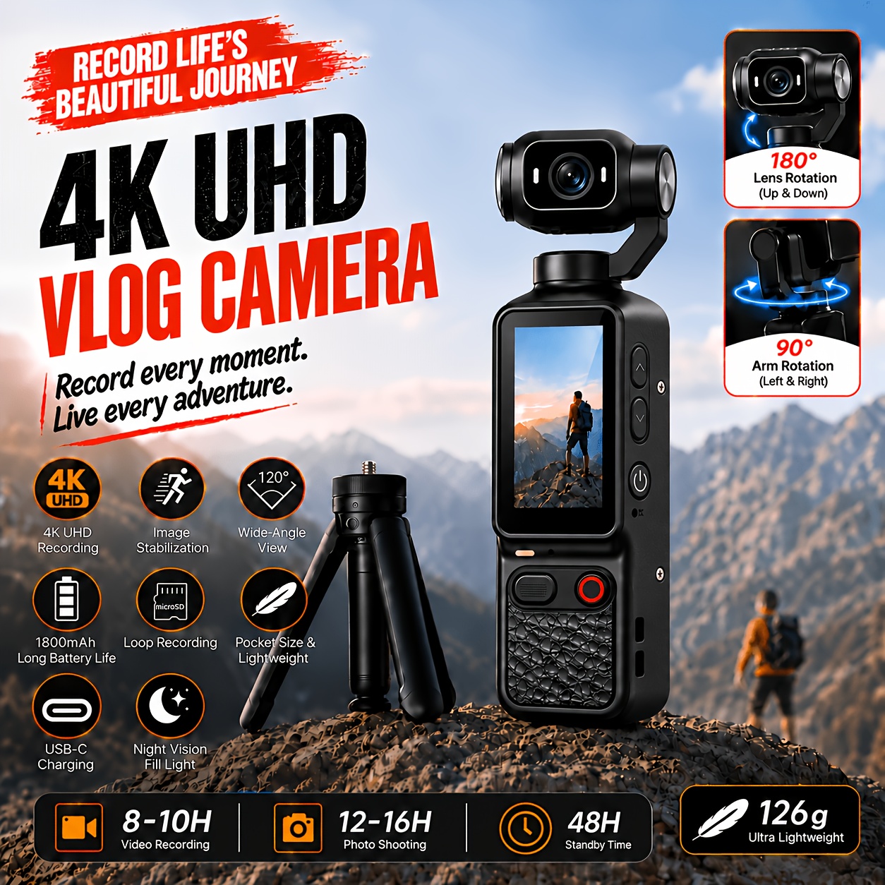 TEMU Mini Action Portable Handheld Pocket Camera Hd Vlog Camera 180 Degree Lens Rotation Tripod And Handlebar Mount Set Compact Lightweight For Daily