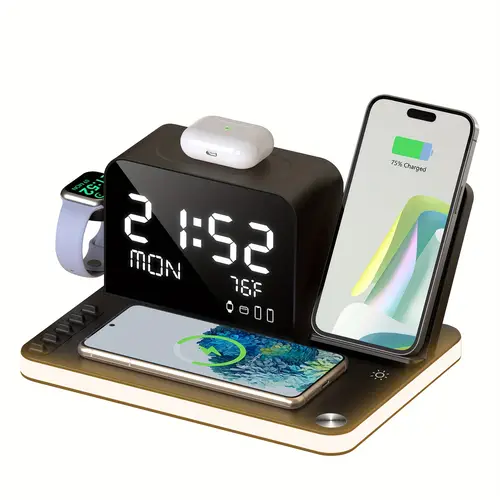 7 in 1 charging station with clock wireless charger with night light bt temperature for iphone iwatch best gifts presidents promotion