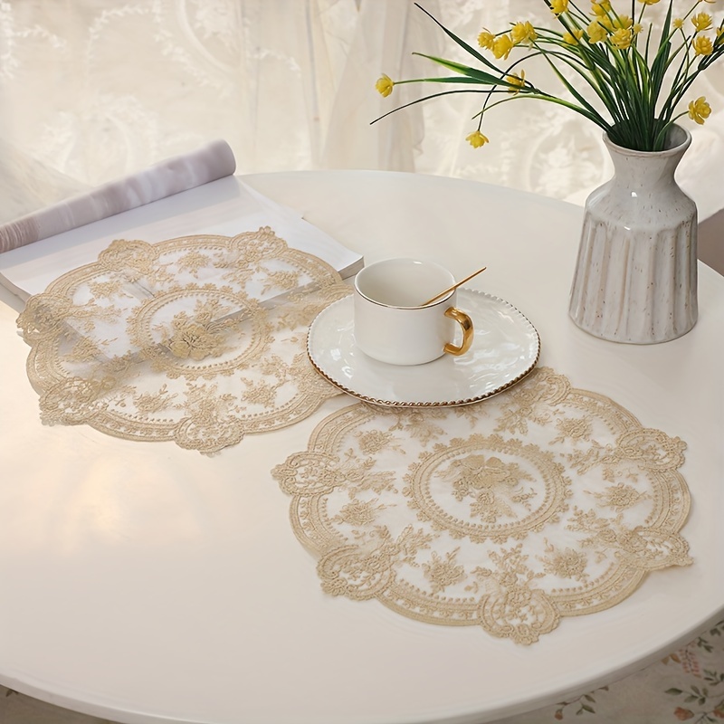 

2pcs, Round Lace Placemats, Hollow Out Design Woven Coffee Table Pad, Desktop Tea Coaster, Heat Insulation Table Mat, Vintage Bedside Cabinet Decoration, Room Decor