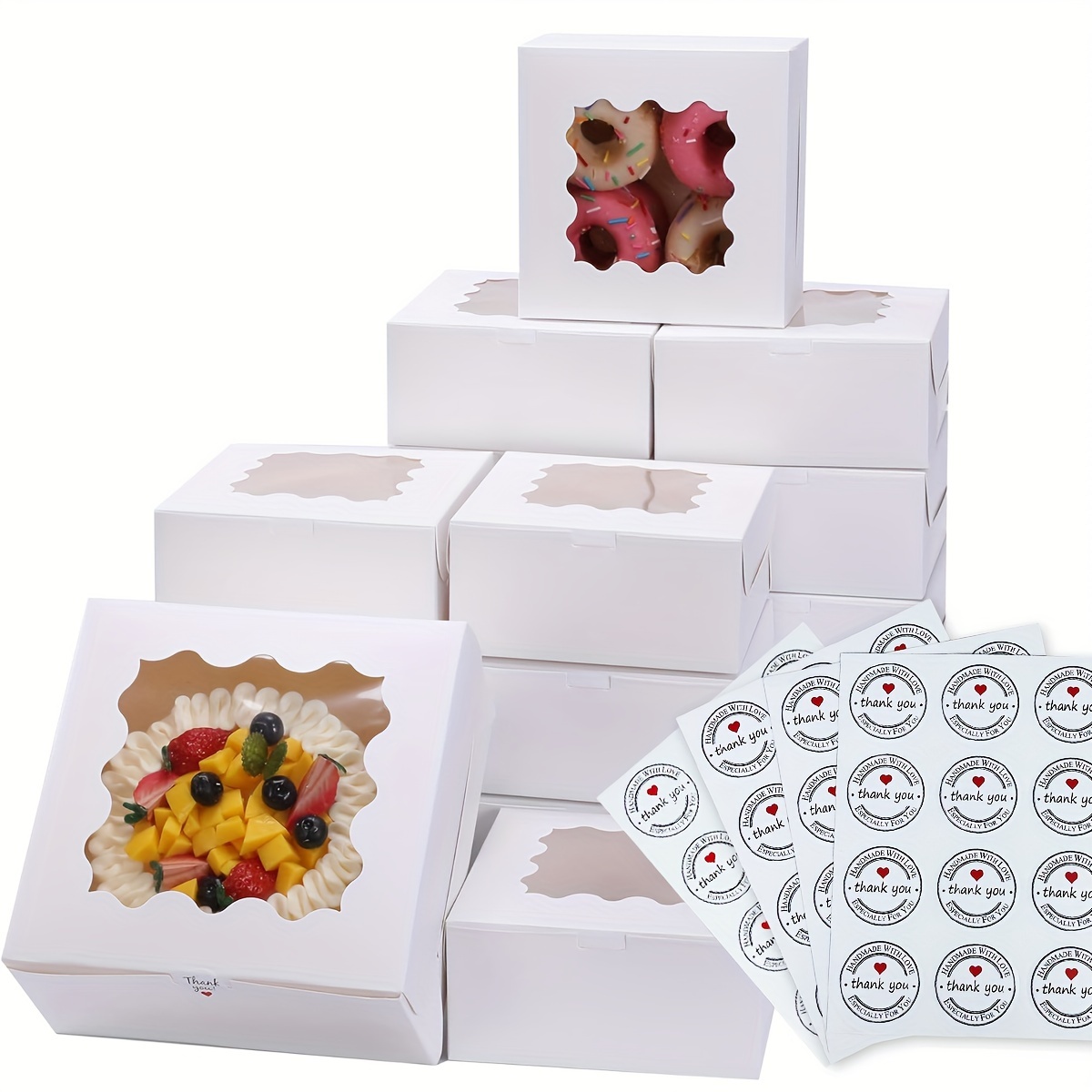 

48pcs 4x4x2.5 Inches Boxes With Window White Boxes Cookie Cake Pastry Dessert Boxes For Baked Goods Strawberries