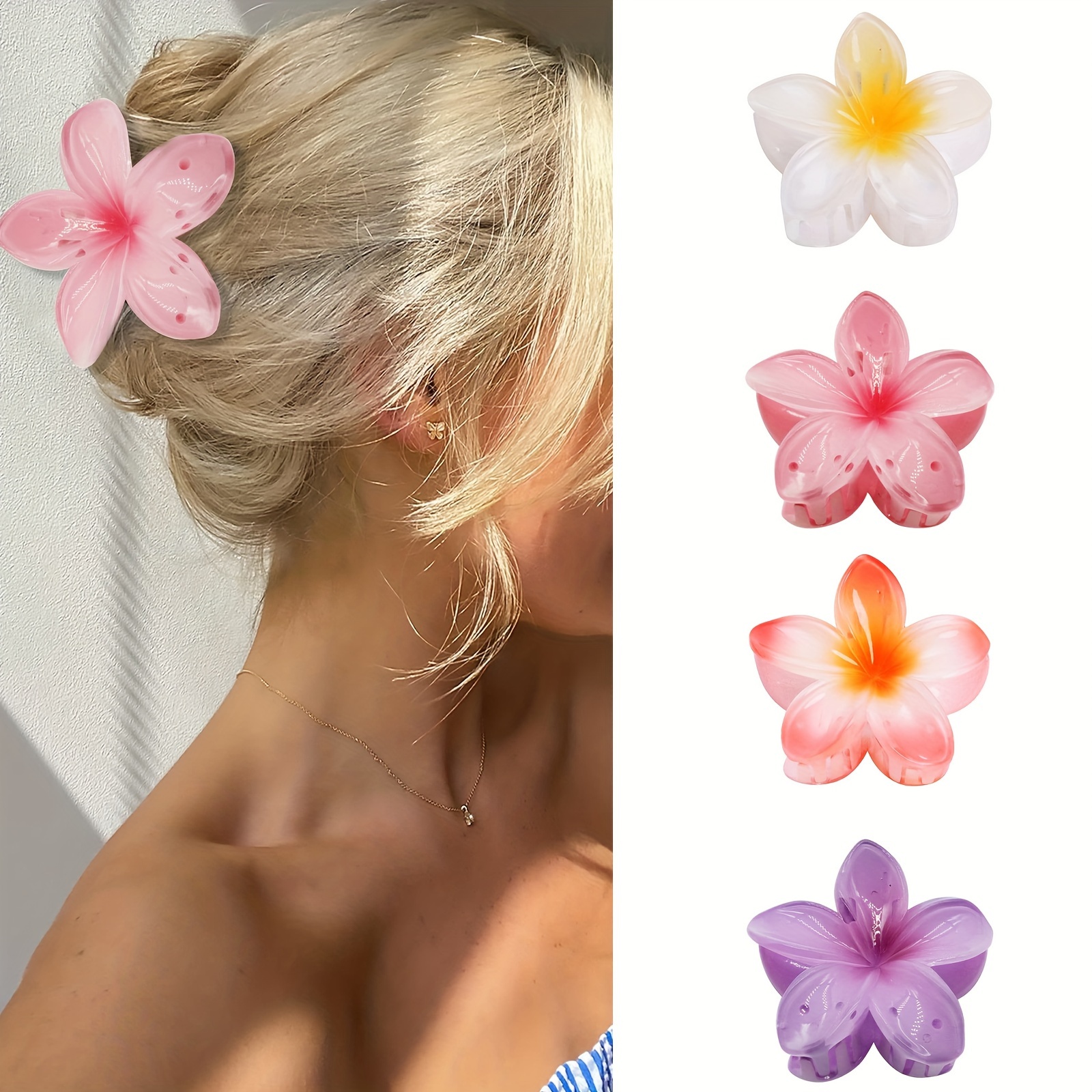 

4-piece Set Of Elegant Flower Hair Claw Clips - Strong Grip, Non-slip For Thick & Thin Hair, Cute Hawaiian Style Accessories For Women And Girls Hair Accessories For Women Hair Clips For Women