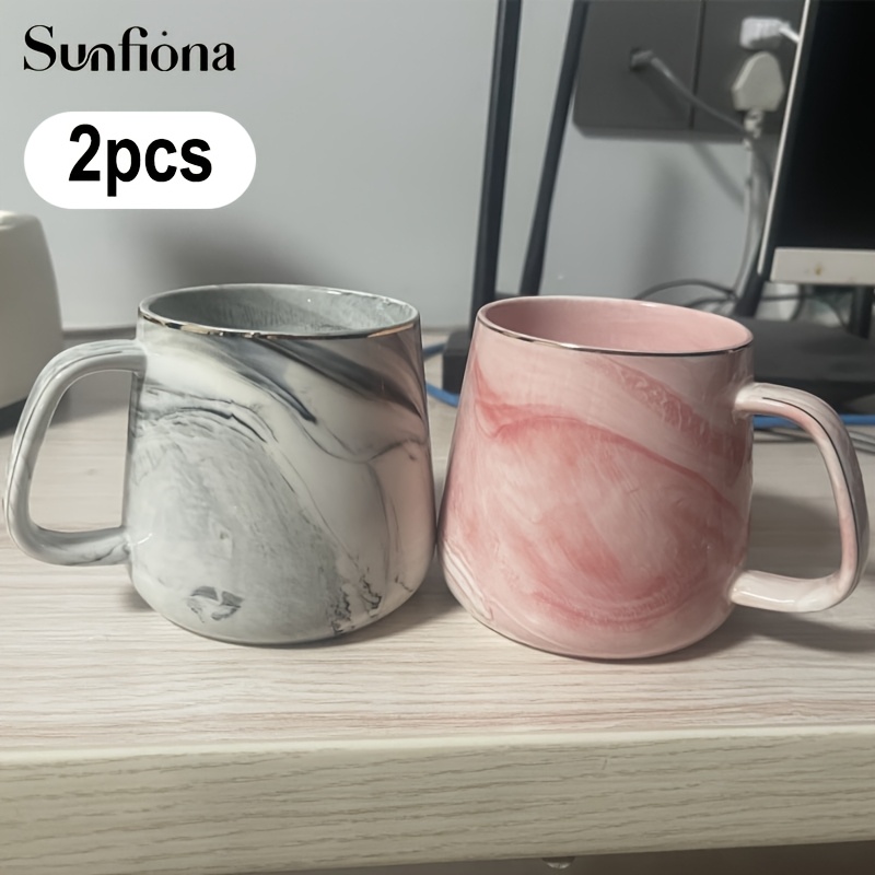 Image of Sunfiona 2pcs 13.5oz Golden-rimmed Marble Ceramic Coffee Cups - Elegant White & Pink With Black/gray Marble Pattern, Dishwasher Safe, Reusable, Perfect For Oatmeal, Milk, Juice