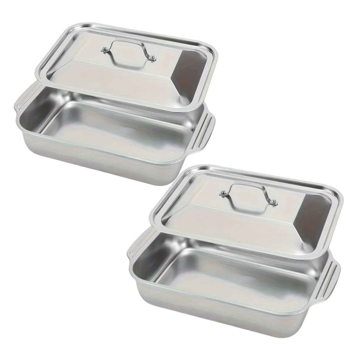 1/2/3 Premium Deepened Stainless Steel Flat Bottom Deep Roasting Pan With Lid, 15.94.x9.65 Inches - Great For Baking And Cooking, Durable Rectangular Pan For Home Kitchen Essentials