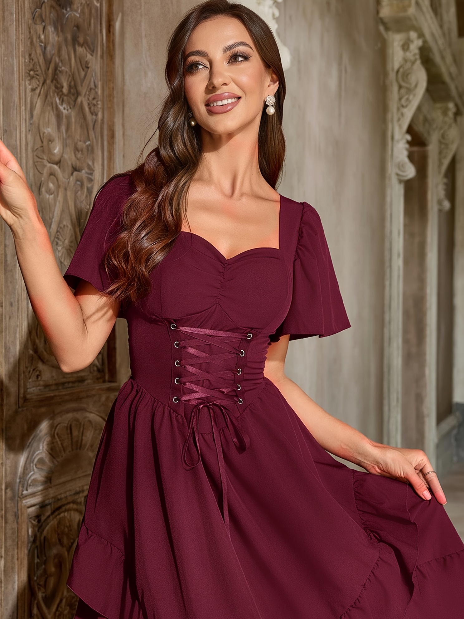 burgundy renaissance dress TFEOQRY Women's Off Shoulder Dress Trumpet Sleeves Renaissance Ruffle Skirt  Peasant Pirate Shirt Top Outfit Burgundy