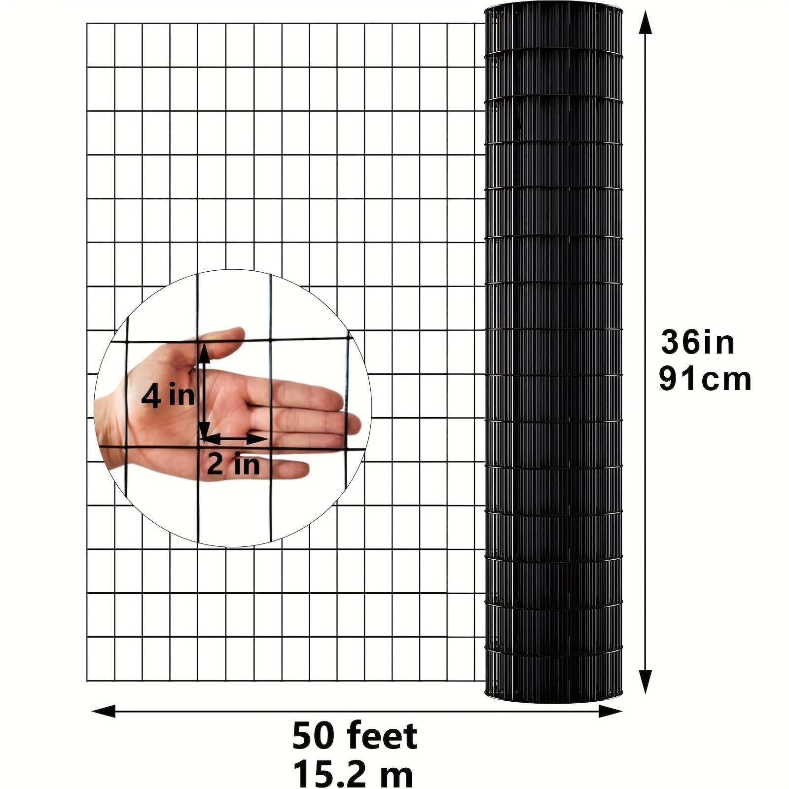 TEMU Black Pvc Coated Welded Wire Fence 36 Inch X 50 Foot, 2 Inch X 4 Inch 16ga, Garden Border Fencing Roll Vinyl Coating Metal Wire Mesh Hardware