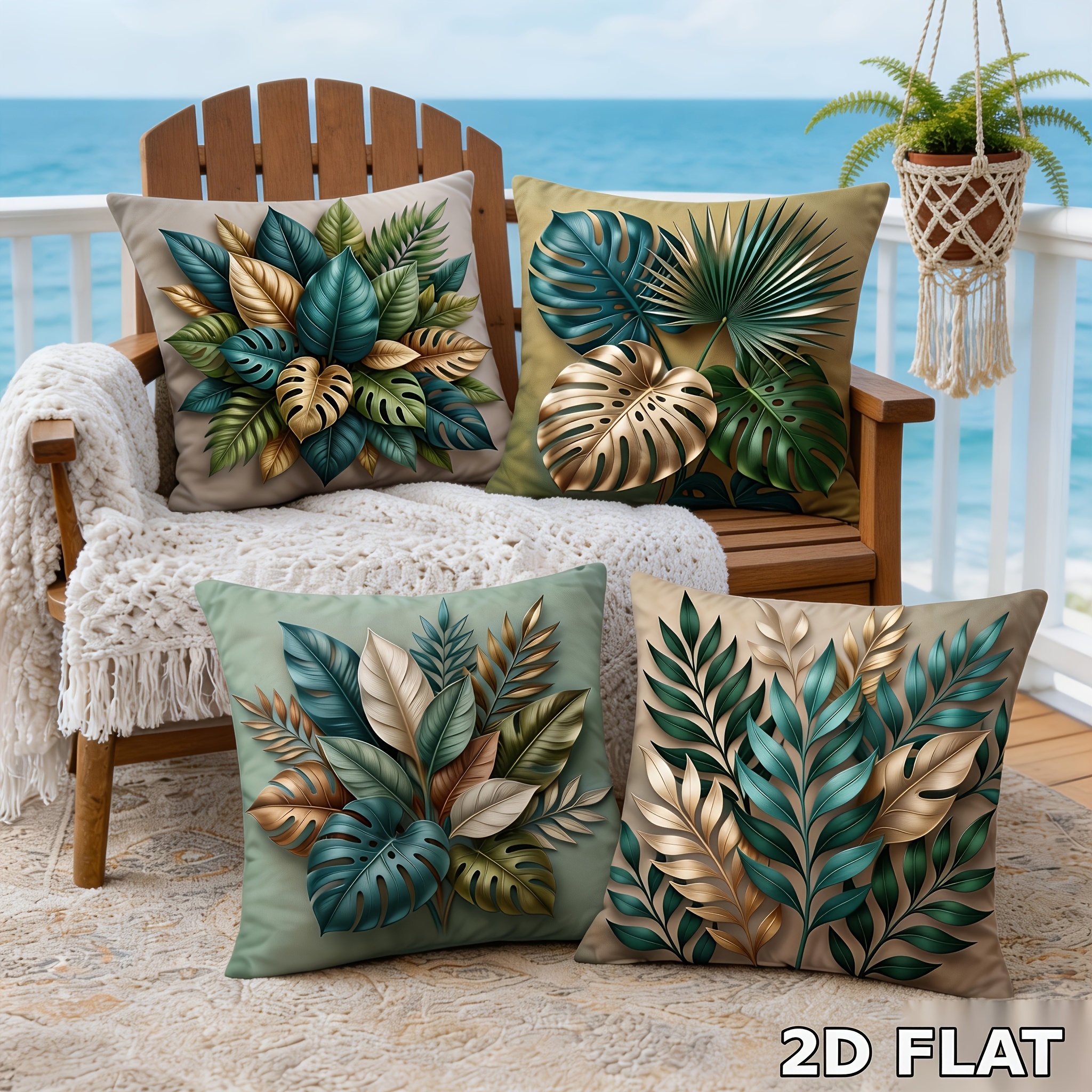 TEMU Lot de 4 taies d'oreiller 2D à motif plat feuille de Monstera bohème, housses de coussin décoratives bleu , , multifonctionnelles, adaptées pour