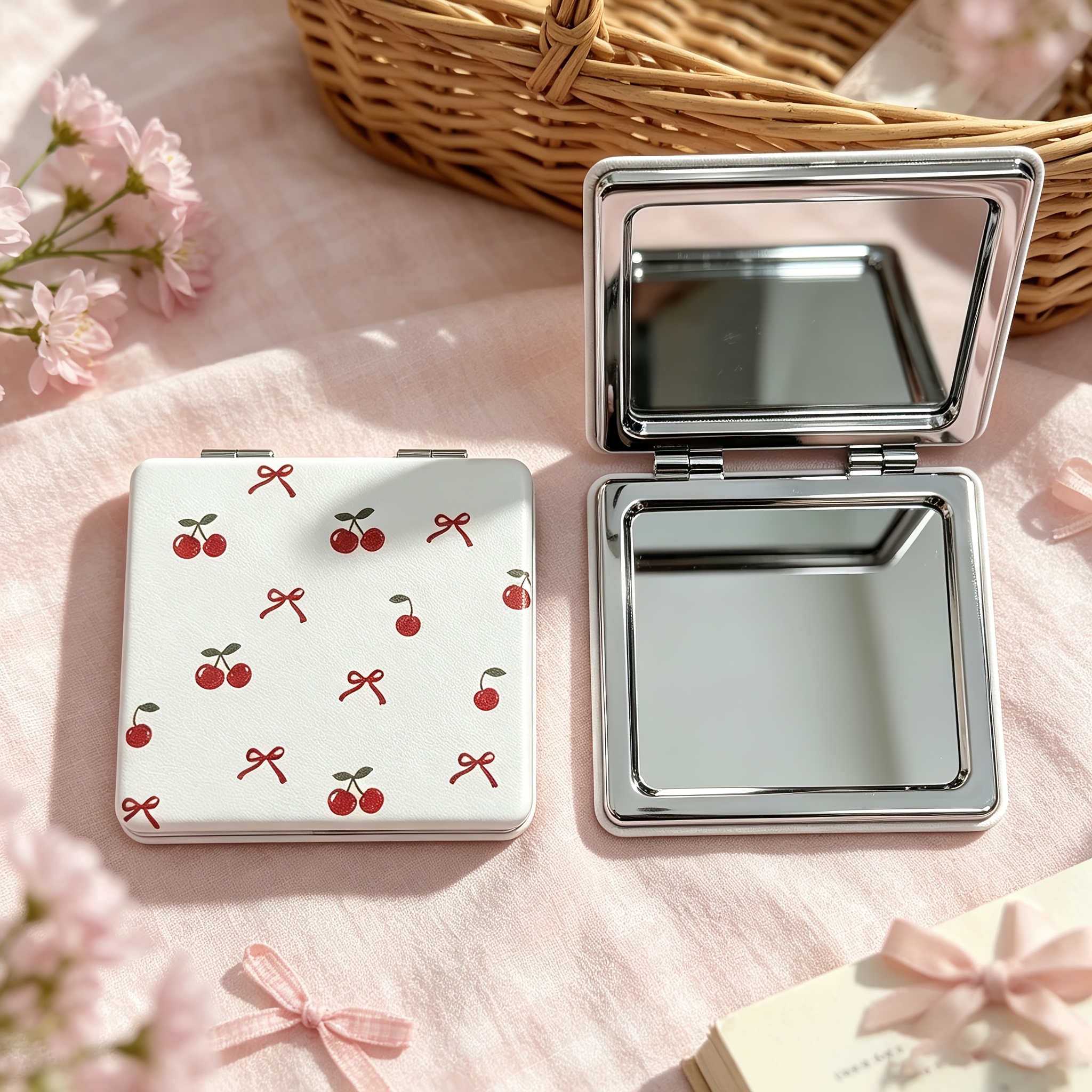 TEMU 1pc Cherry Bow Portable Double-sided Folding Mirror, Handheld Square Makeup Mirror