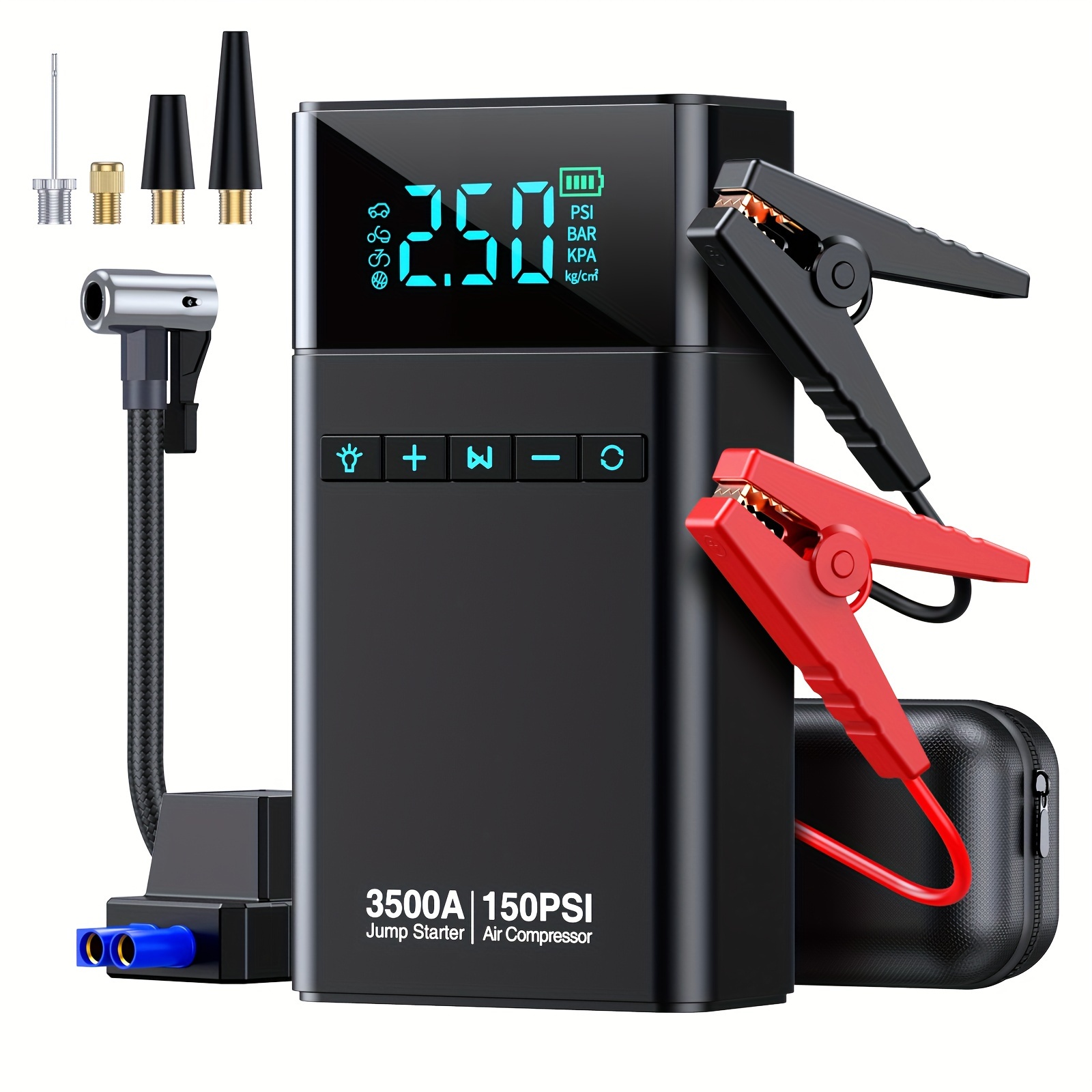 TEMU Portable Car Jump Starter With Air Compressor, 3500a 150psi Car Battery Jump Pack (all Gas/10l ), 12v Car Jump Box Car Battery Jumper Starter, Large Lcd Display,