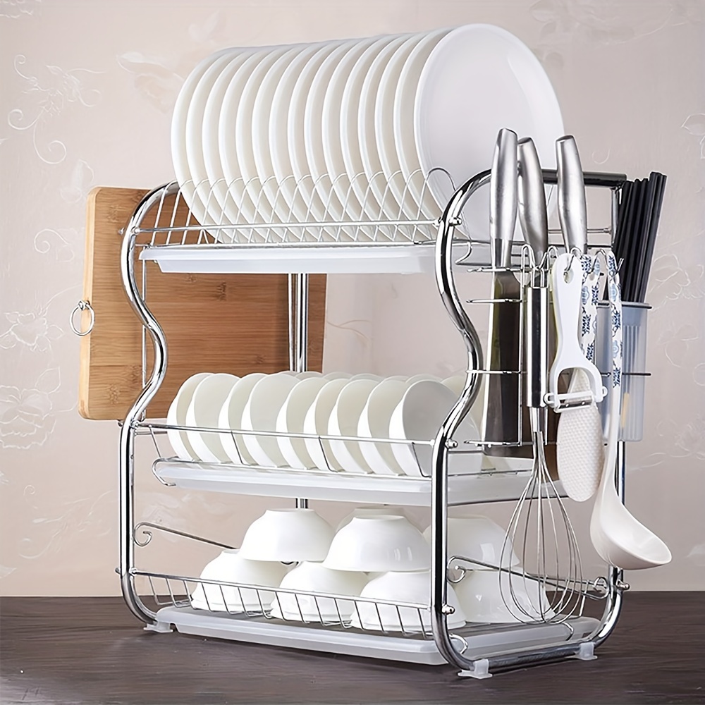TEMU 3-tier Dish Rack With Plastic Drip Tray, Chrome Dish Rack, Sink Dish Drying Rack With Utensil Holder, Portable Dish Drying Rack, Large Capacity