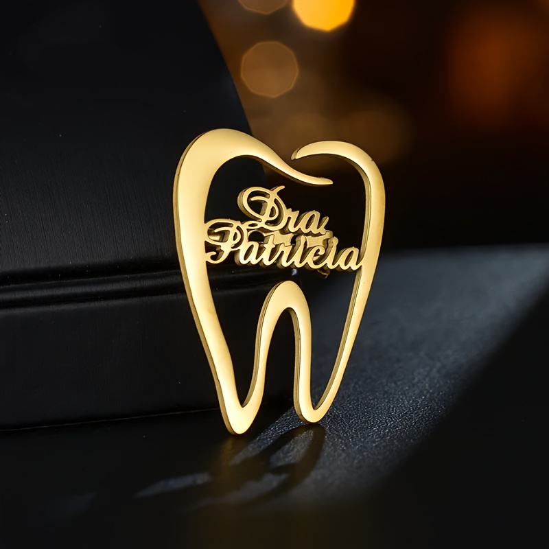 TEMU 1pc Customizable Stainless Steel Dental Name Brooch, Personalized Cartoon Tooth Pin, , & Gift Occasion Accessory For Women And Men