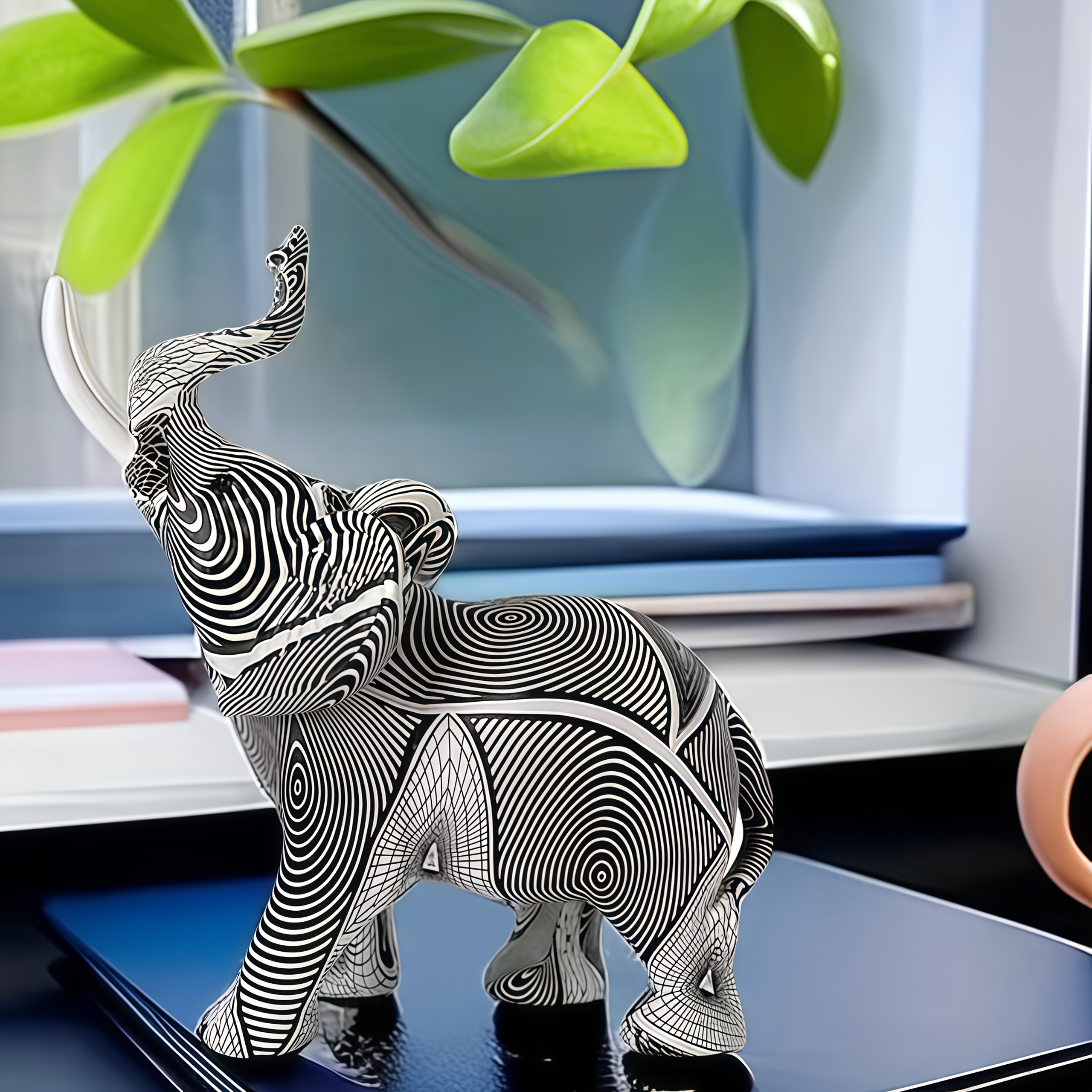 

Chic Black & White Striped Elephant Statue - Modern Minimalist Resin Decor For Living Room, Office, Or Hallway