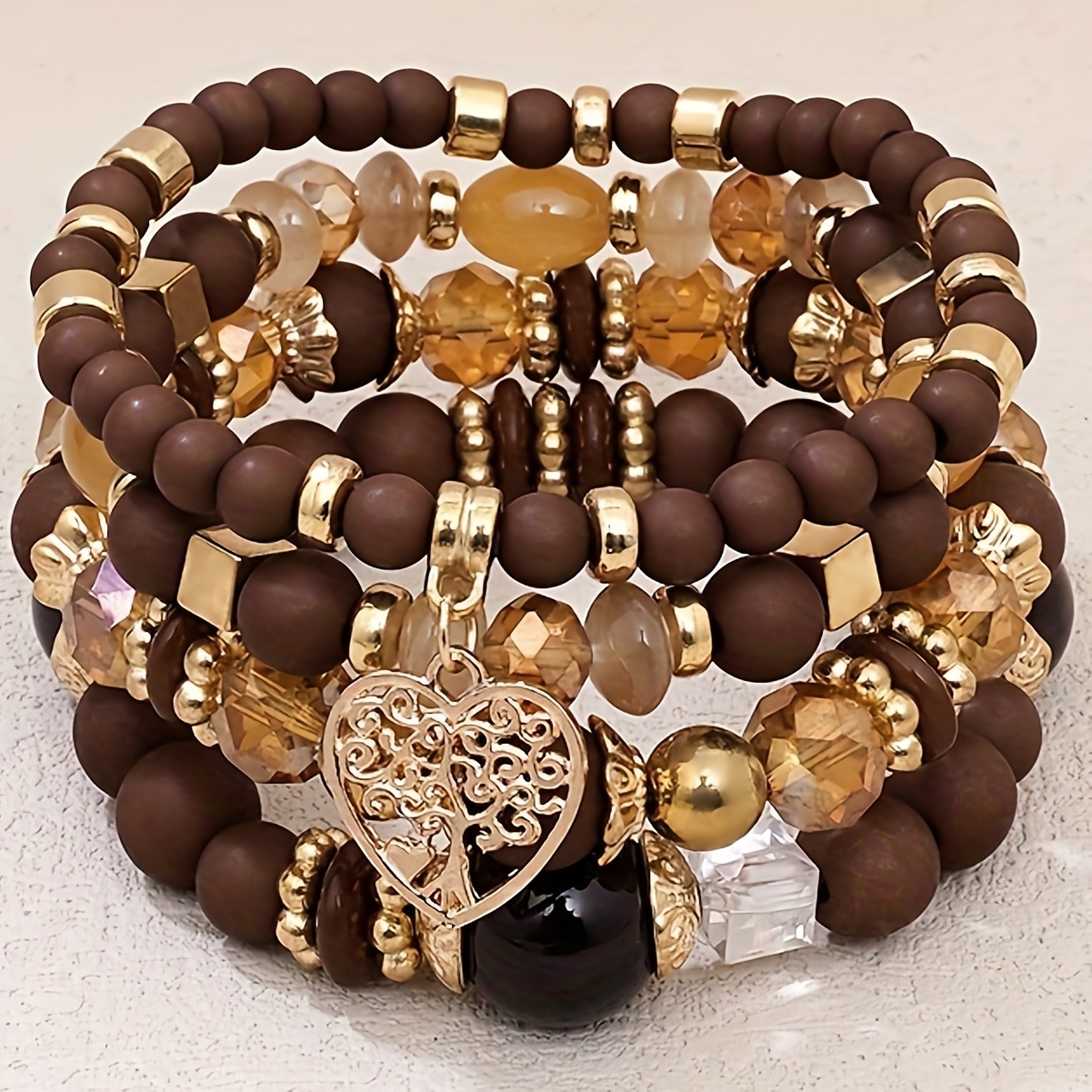 TEMU 4pcs Bohemian Style Brown Hollow-out Heart Bracelets, Suitable For Wedding Banquets, Balls, Holiday Gifting, And Daily Commuting Wear