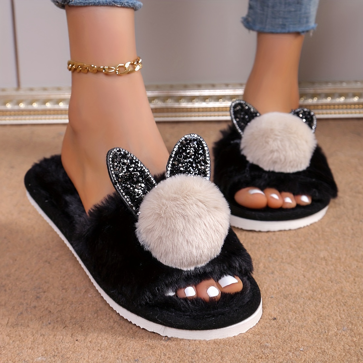 

Women's Cute Rabbit Pompom Slippers, Open Toe Soft Sole Plush Indoor Shoes, Cozy & Warm Floor Slippers