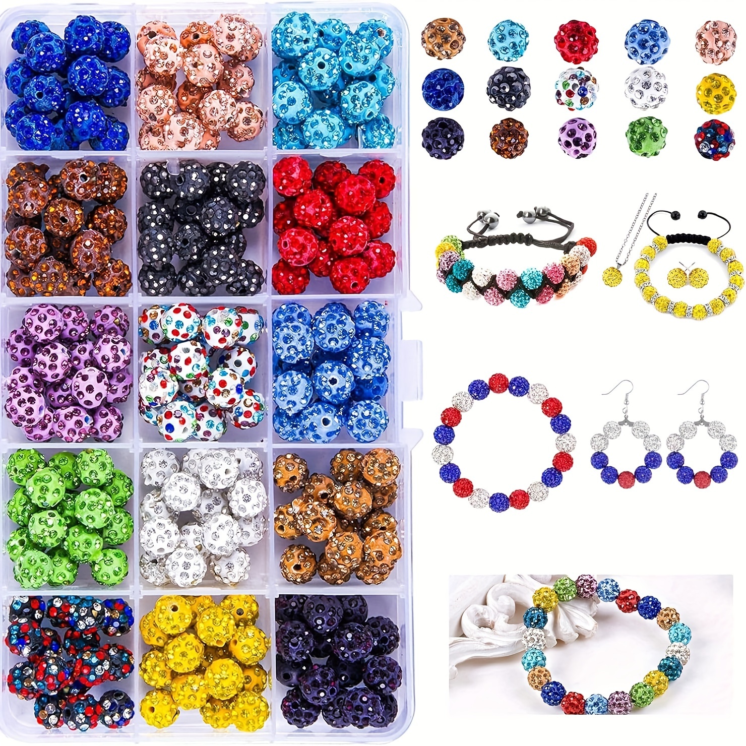 

225pcs Vibrant Disco Ball Polymer Clay Beads Kit - 8mm Sparkling Crystal Round Beads In Assorted Colors For Making, Includes Bracelets & Earring , Beads For Jewelry Making