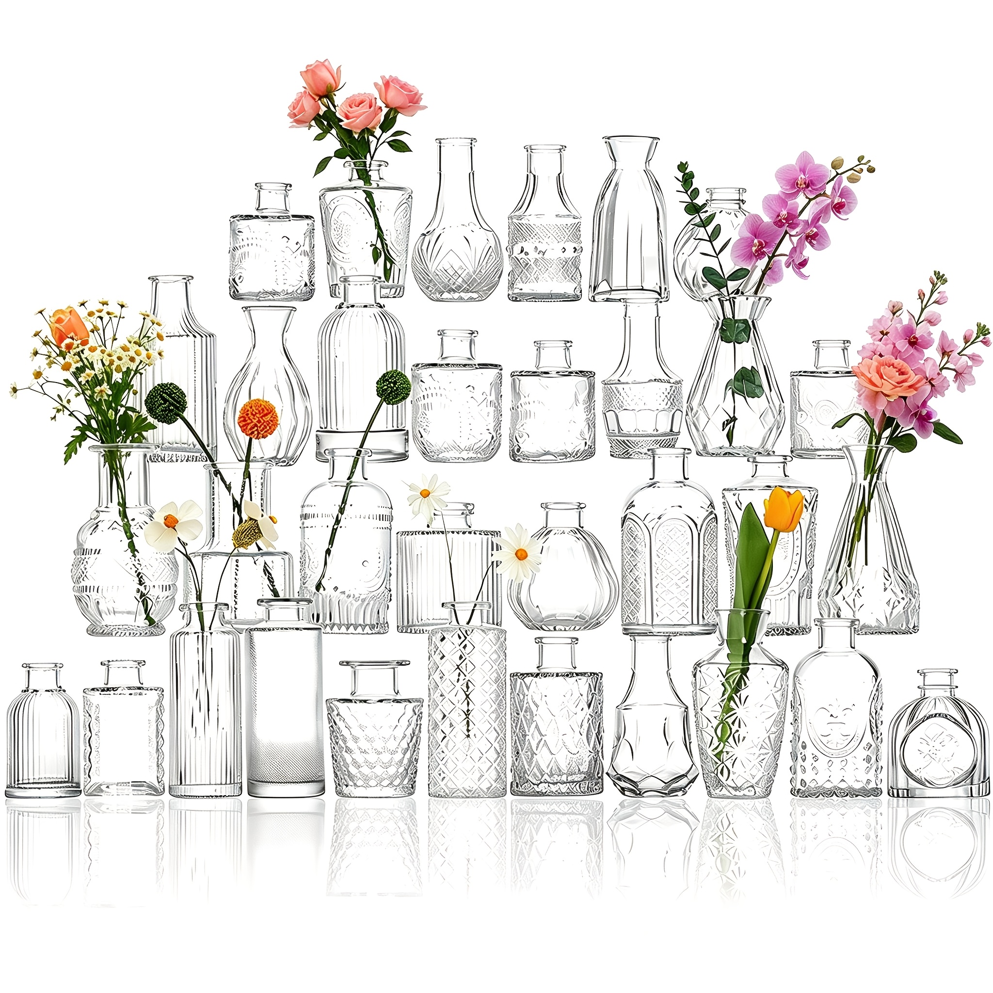 Image of 33pcs Glass Vase Set, Small Exquisite Clear Vases, Suitable For Flower Arrangements, Retro Mini Vases, Home Decor, For Table Centerpieces, Weddings, Birthday Parties