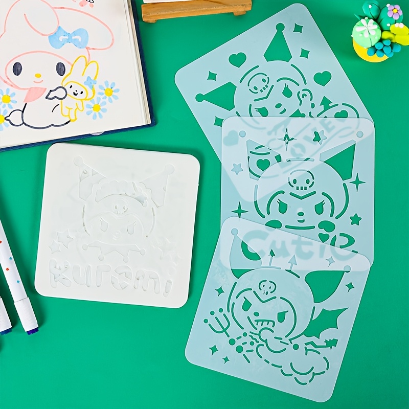 

16pcs Sanrio Pvc Drawing Stencils Set, Cartoon Hollow-out Art Templates For Kids, Handwriting Newspaper Festival Designs, Crayon Oil Molds