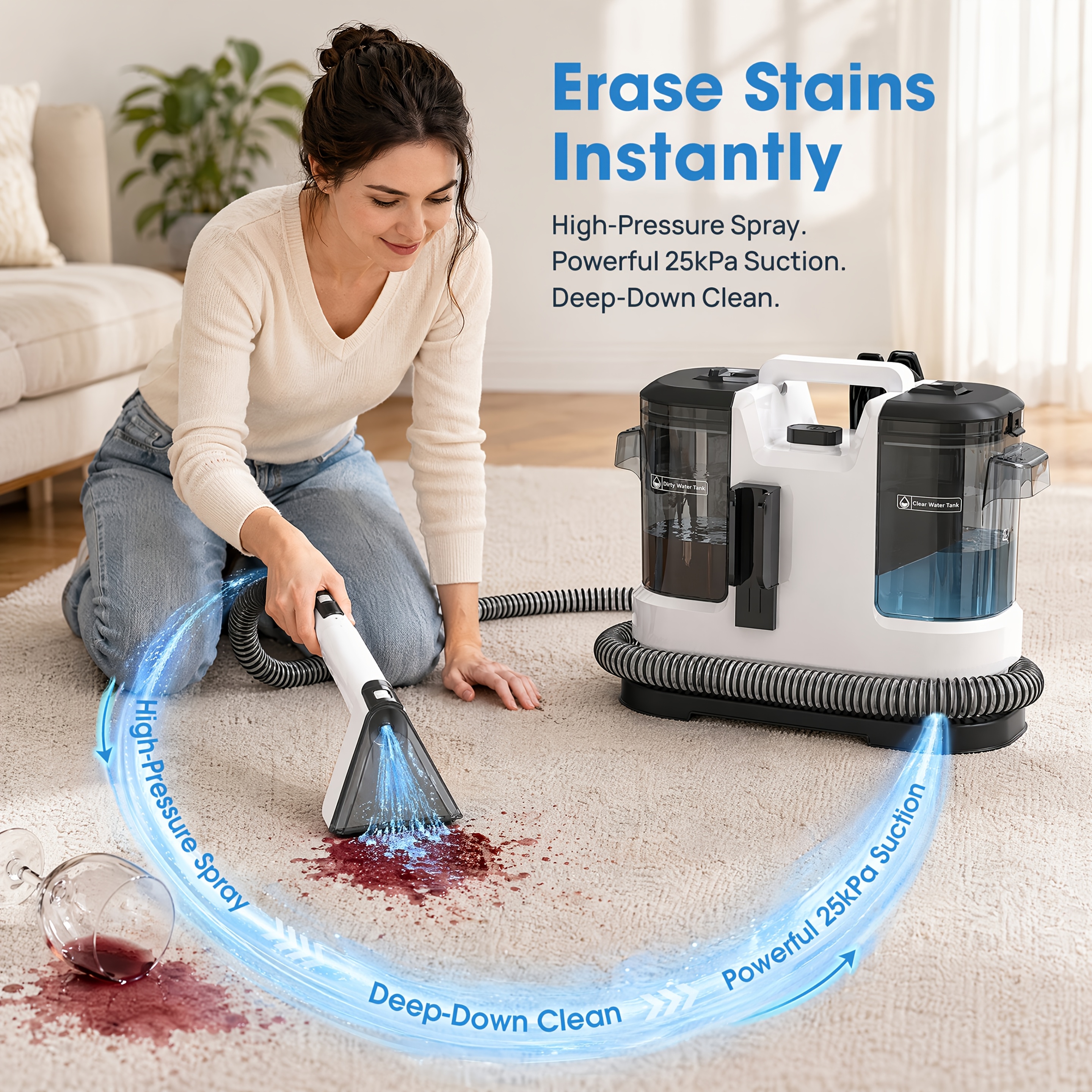 TEMU Lubluelu Portable Carpet & Upholstery Spot Cleaner Machine, 25000pa Powerful Suction Spot Cleaner Machine With Versatile Tools For Pets, 1.75l