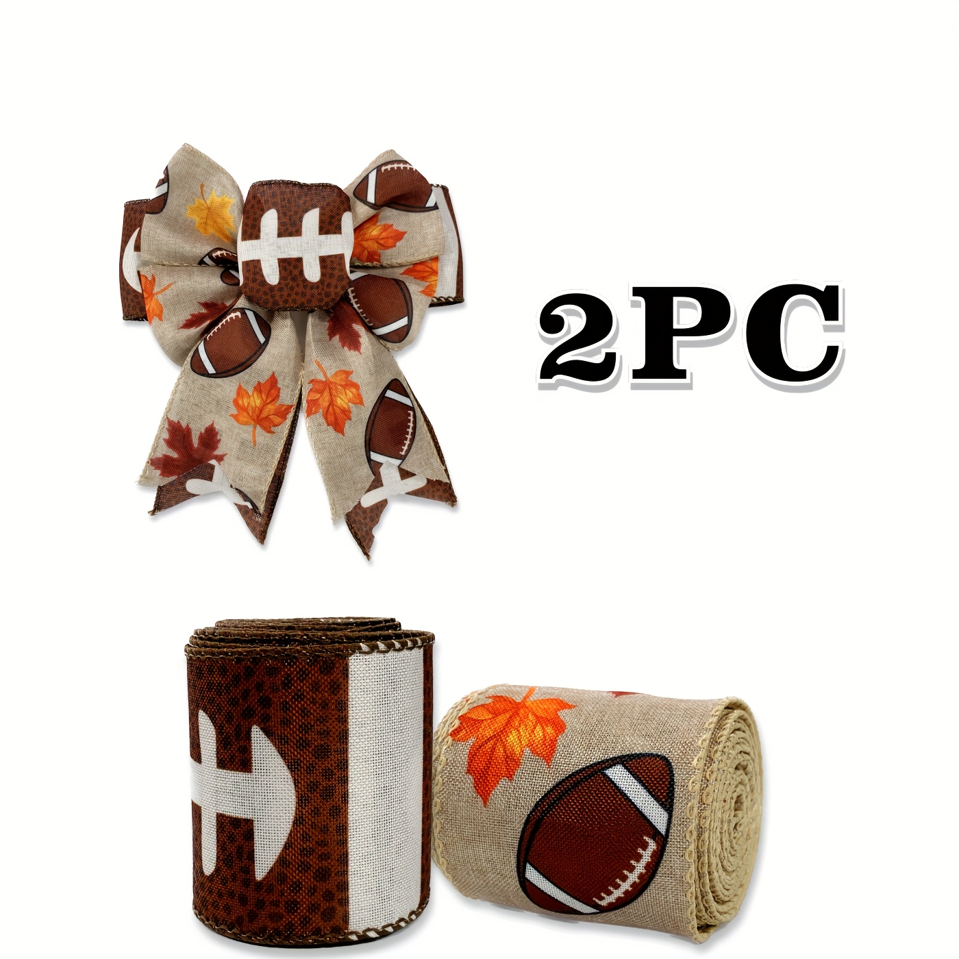 

2 Rolls/pack, Football Themed Gift Wrap Ribbons With Wired Edge, 2.5 Inch Polyester Ribbon Set For Diy Crafts, Wreaths, And Gift Packaging, Brown And Autumn Leaves Design