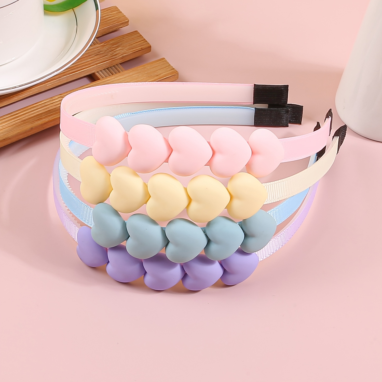 TEMU 4pcs Frosted Love Heart Combination Set Headband Fresh Sweet Non-slip Toothed Headband Hair Pressing Hair Tie Headband Hair Additions Daily