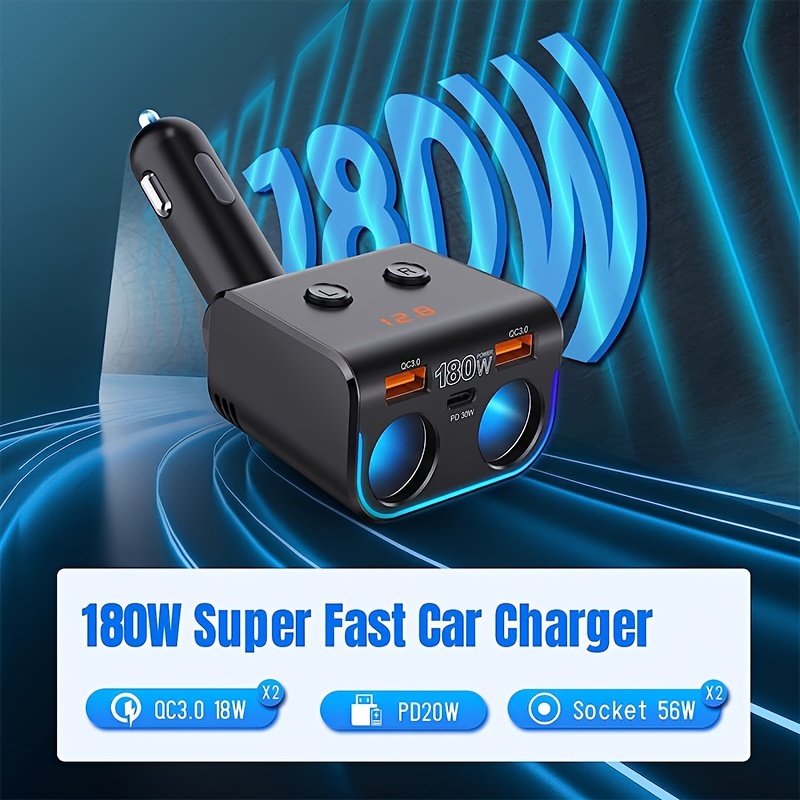 

180w Car Charger Adapter Pd Qc 3.0 Fast Charging, Usb Type C Car Charger Plug With 12v Extension Lead Usb Multi Socket, Voltage Display, L04