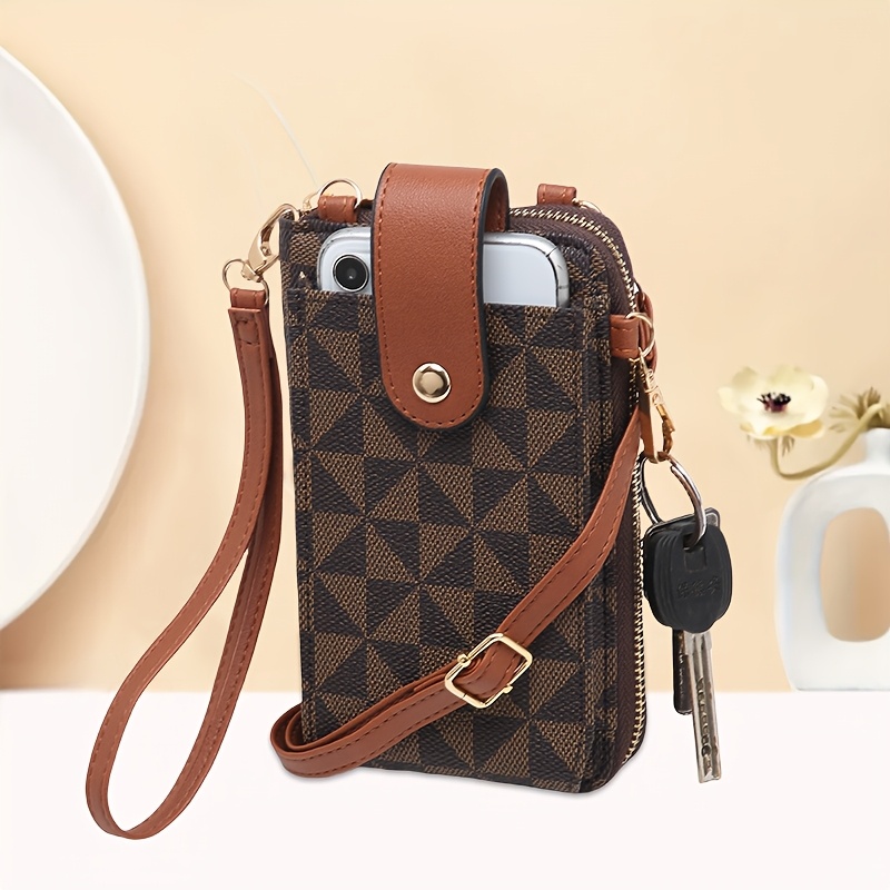 

Women' Crossbody Phone Wallet With Card Slots, Zipper Closure, Adjustable Straps, And Key Ring - Stylish Geometric Pattern In Brown/black, Ideal For Daily & Valentine's Gift, Cute Wallet