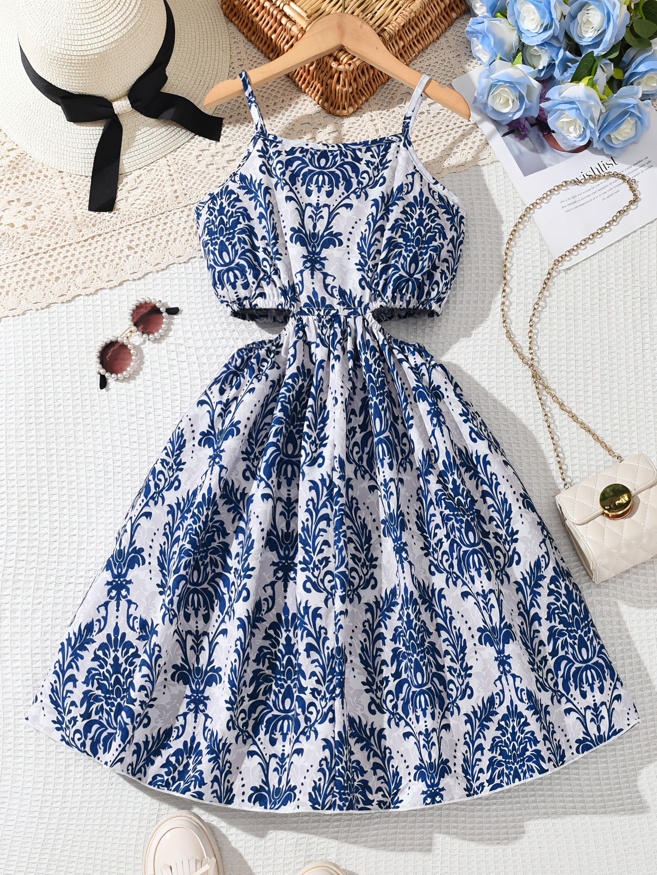 chic summer off-shoulder dress for girls - tropical floral print, knee- length with short sleeves - kids' fashion - Temu