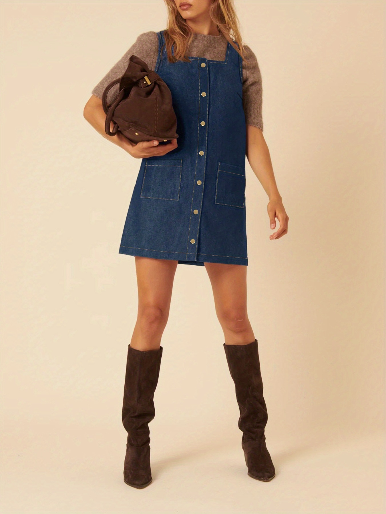 solid neck suspender dress elegant denim - Temu Mauritius