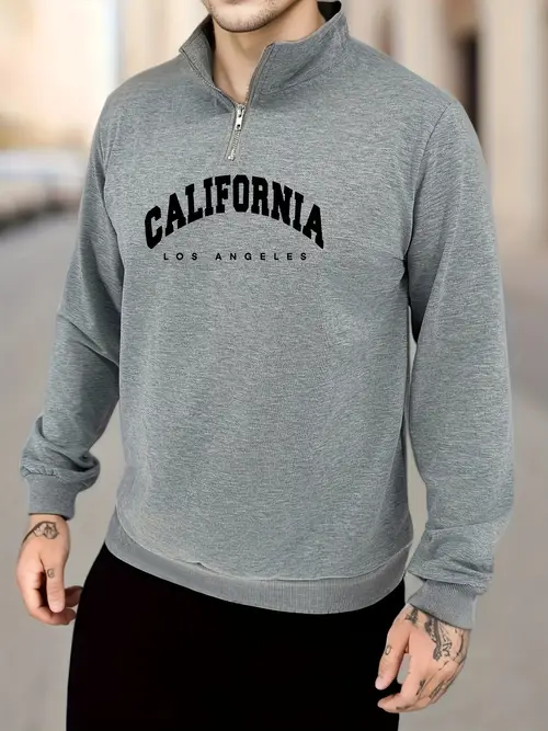 a trendy zip up sweatshirt with a collar featuring the cool california los angeles letter print for young mens casual sports style