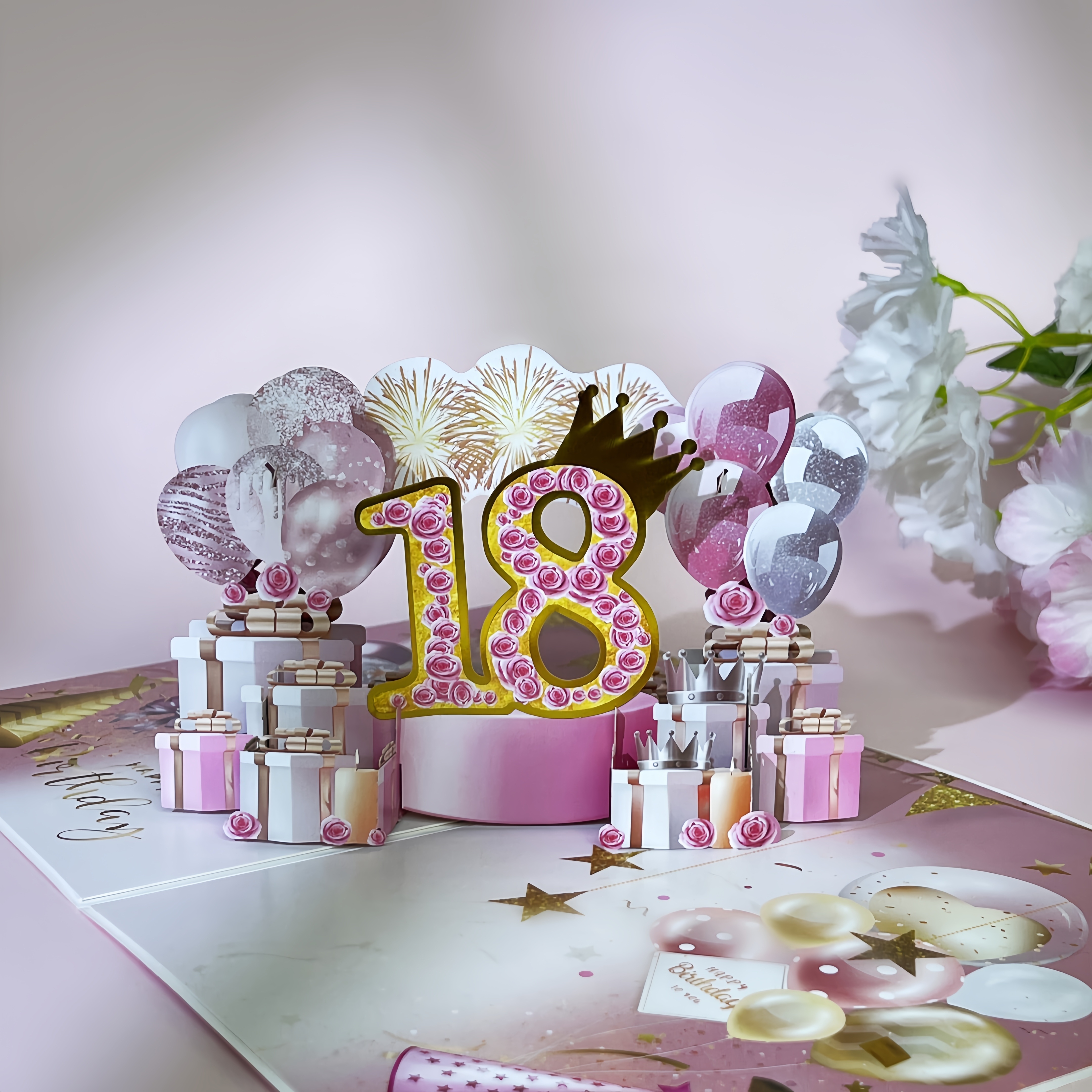 E-shop Pop-Up 3D Grußkarte mit Umschlag, Rosenballonmuster, Happy 18. Geburtstag, Geeignet für Frauen im Alter von 18 Jahren. 18. Geburtstag Karte,