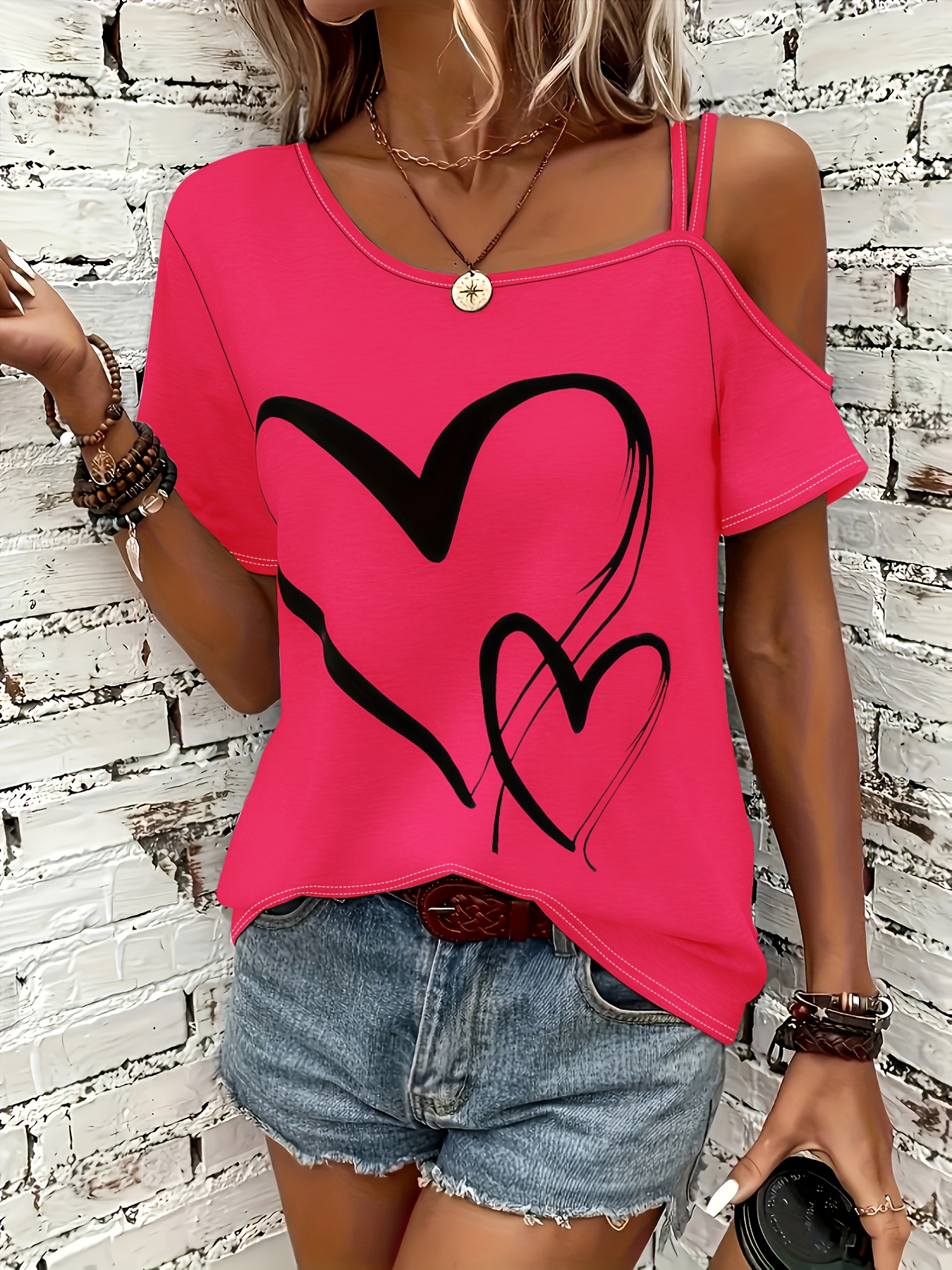 Heart Print Slant Shoulder T-shirt, Casual Short Sleeve Top For Spring & Summer, Women's Clothing