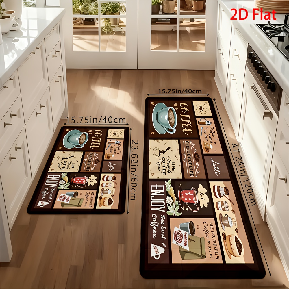 TEMU Lot de 2/3 tapis de cuisine de style minimaliste moderne et , motif plat 2D sur le thème du café avec tasses à café, art latte, grains de café,