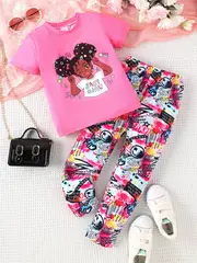 girls 2pcs cartoon portrait pattern short sleeve top full print pants set daily party summer outfit gift details 4