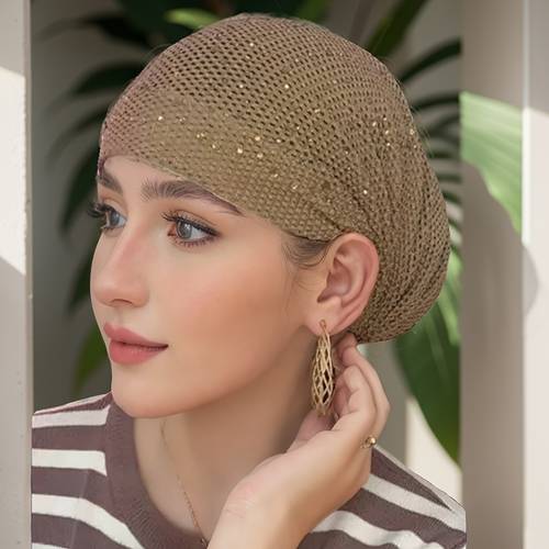 sparkling embellished knit turban cap for women breathable brimless head black with golden glitter details chemotherapy patients or stylish outfits