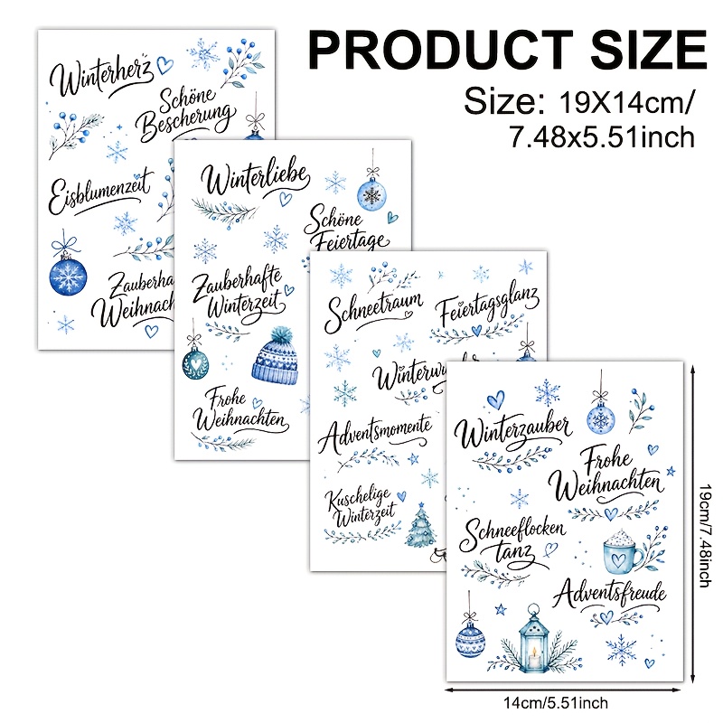 TEMU 4 Stück Aquarell Deutsch Winter Vinyl UV DTF Transfer (nur Transferpapier verkauft) Geeignet für Tassen, 16oz Glasbecher, Kaffeetassen, Keramik,