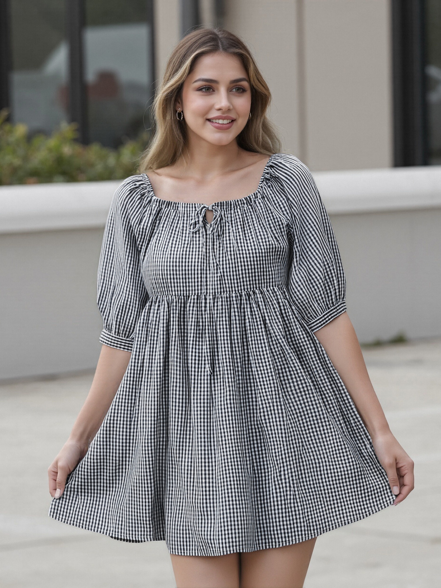 women's maternity plaid dress - square neck bow detail & half sleeves,  loose fit short pregnancy dress for spring summer fall, machine washable ,  maternity casual wear | bow detail dress |