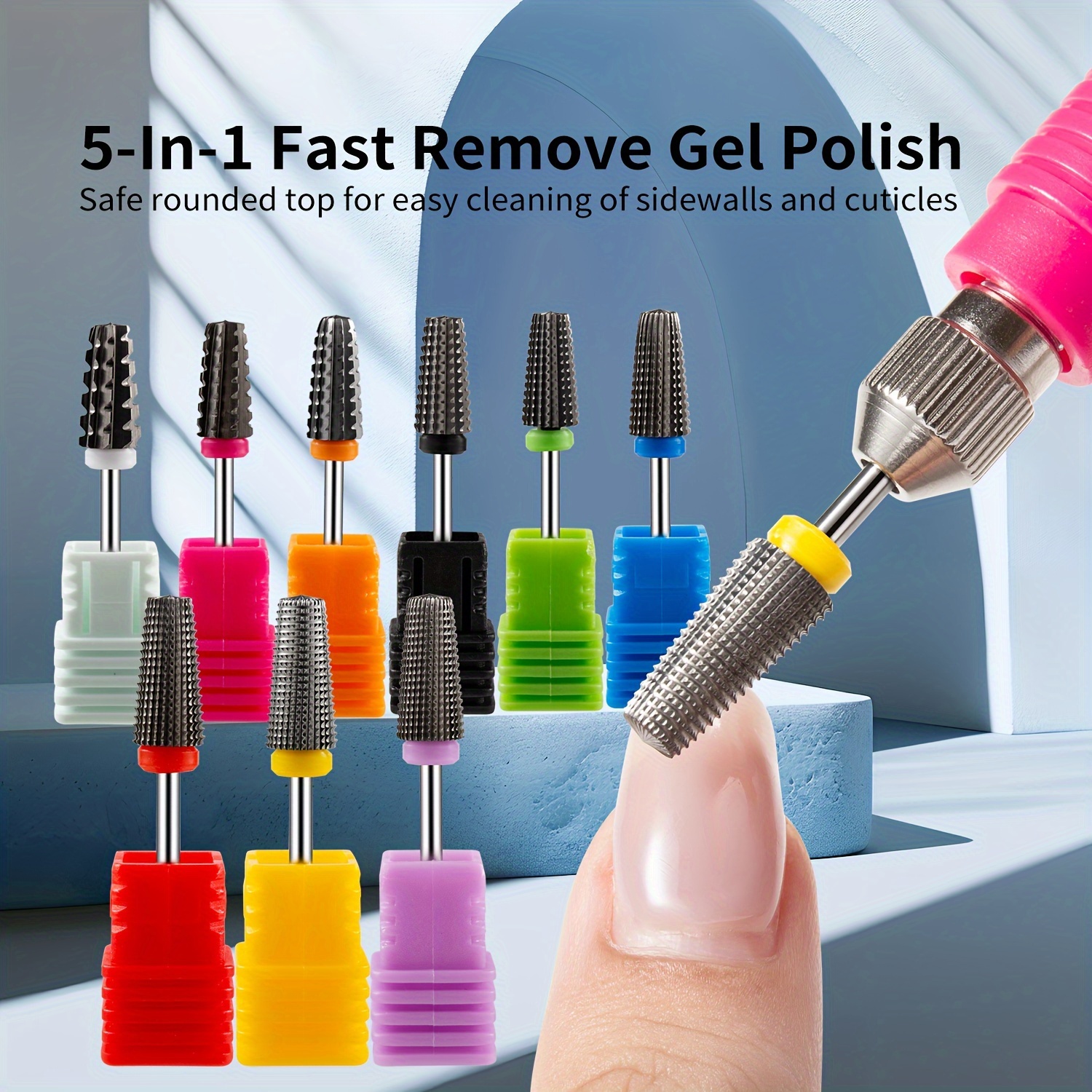 

5-in-1 Fast Remove Gel Polish Nail File Set With Color Rings For Easy Cleaning Of Sidewalls And Cuticles - Suitable For Most Electric Machines And Both Right And Left Hands